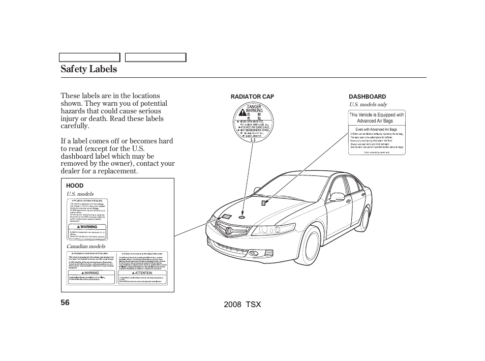 Safety labels | Acura 2008 TSX User Manual | Page 59 / 388