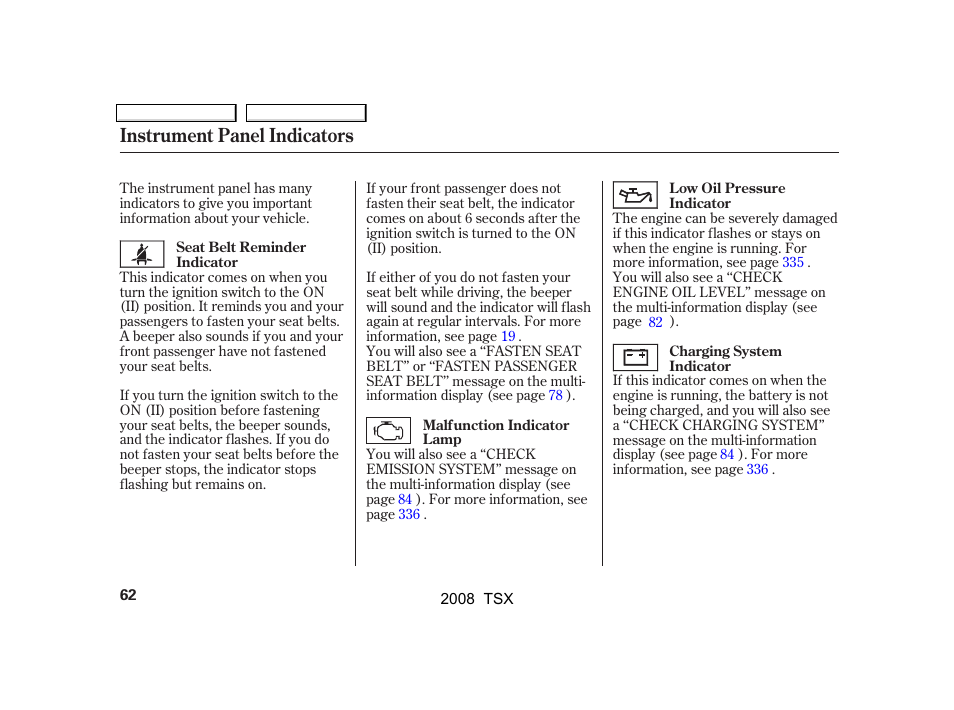 Instrument panel indicators | Acura 2008 TSX User Manual | Page 65 / 388