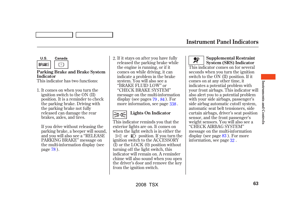 Instrument panel indicators | Acura 2008 TSX User Manual | Page 66 / 388