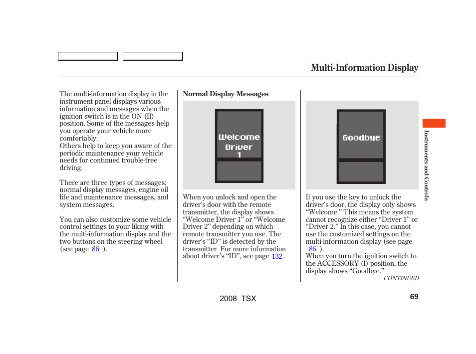 Multi-information display | Acura 2008 TSX User Manual | Page 72 / 388