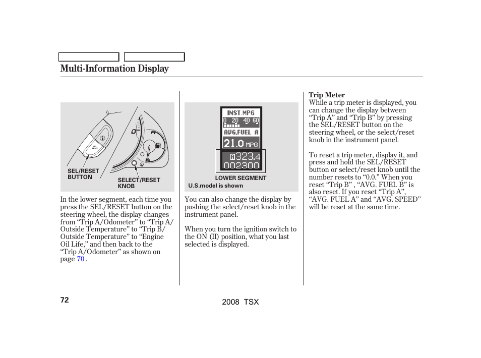 Multi-information display | Acura 2008 TSX User Manual | Page 75 / 388