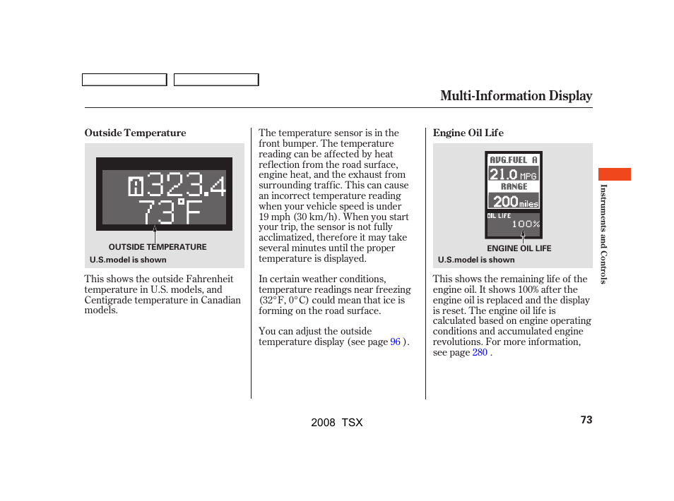 Multi-information display | Acura 2008 TSX User Manual | Page 76 / 388