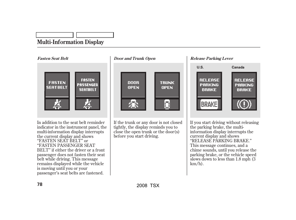 Multi-information display | Acura 2008 TSX User Manual | Page 81 / 388