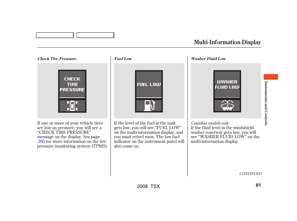 Multi-information display | Acura 2008 TSX User Manual | Page 84 / 388