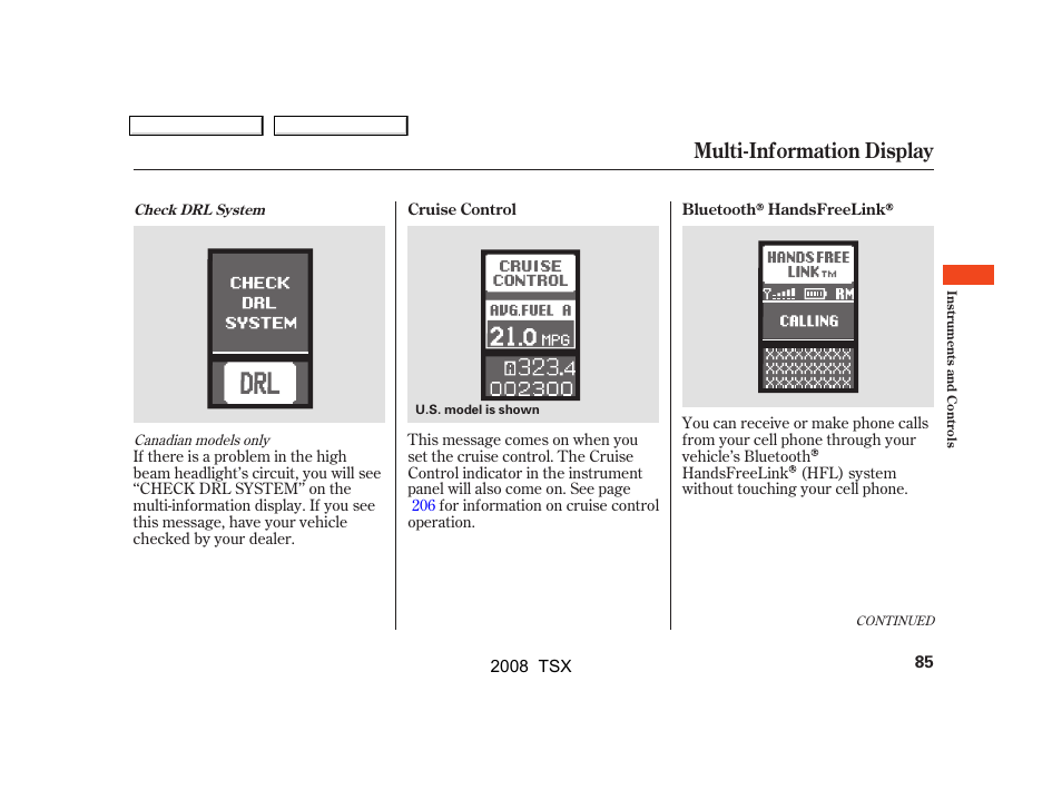 Multi-information display | Acura 2008 TSX User Manual | Page 88 / 388