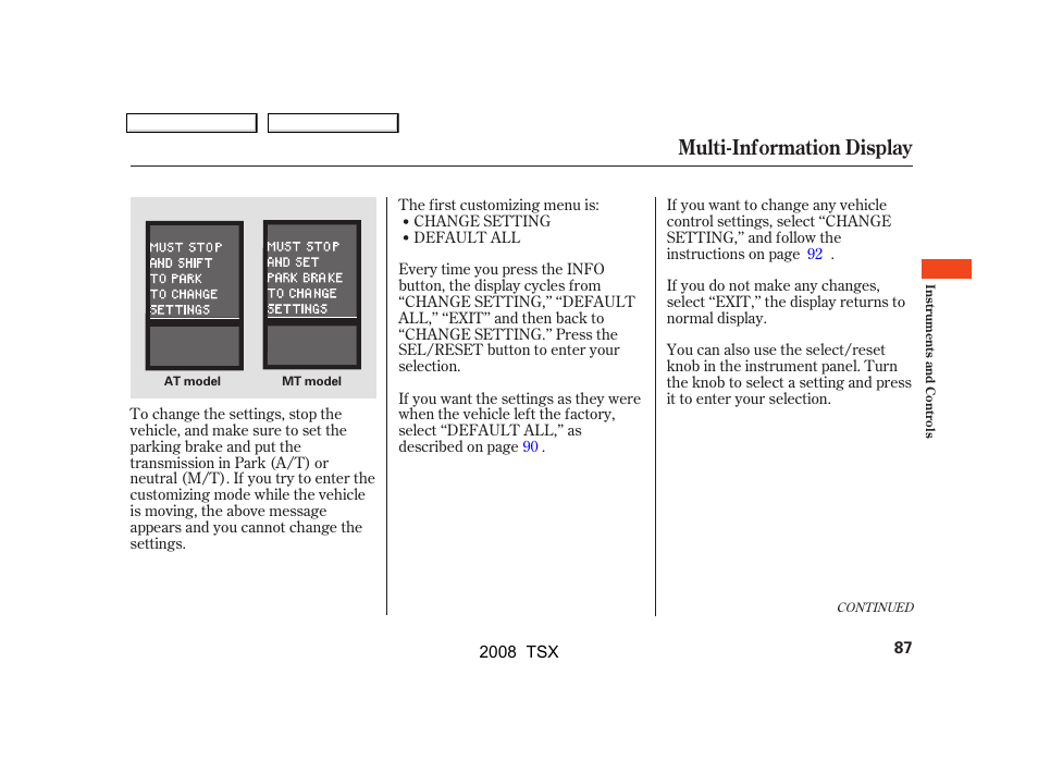 Multi-information display | Acura 2008 TSX User Manual | Page 90 / 388