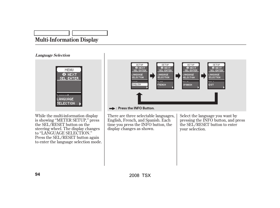 Multi-information display | Acura 2008 TSX User Manual | Page 97 / 388