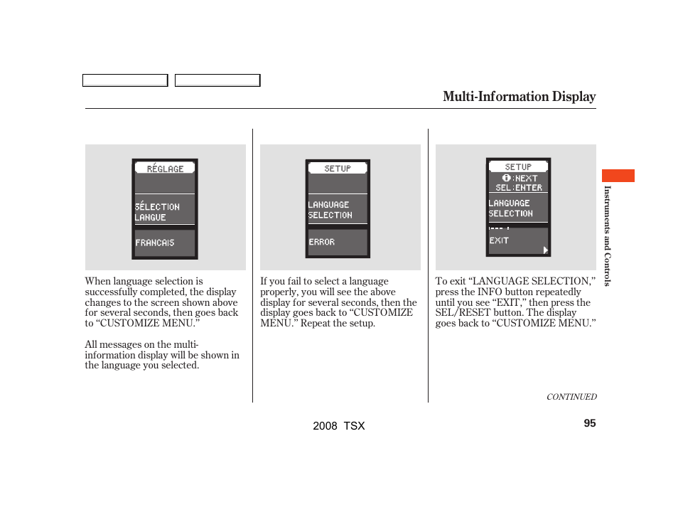 Multi-information display | Acura 2008 TSX User Manual | Page 98 / 388