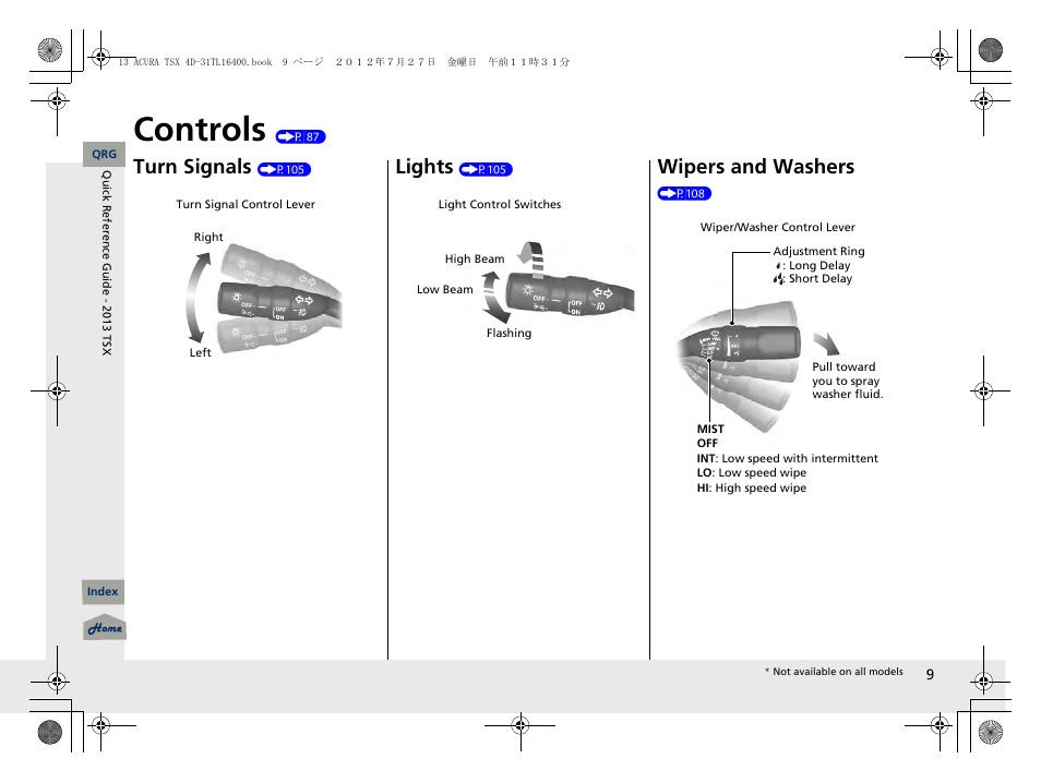 Controls (p 87), Controls, Turn signals | Lights, Wipers and washers | Acura 2013 TSX User Manual | Page 10 / 325