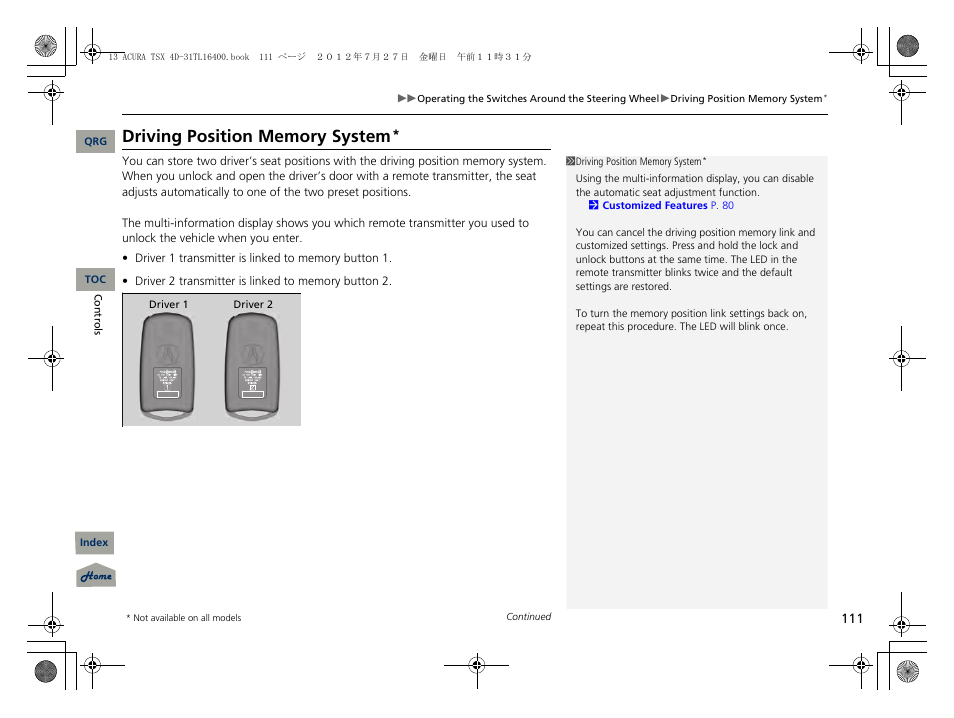 Driving position memory system, P111), 2 driving position memory system | P. 111 | Acura 2013 TSX User Manual | Page 112 / 325