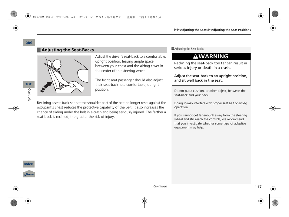 Warning | Acura 2013 TSX User Manual | Page 118 / 325