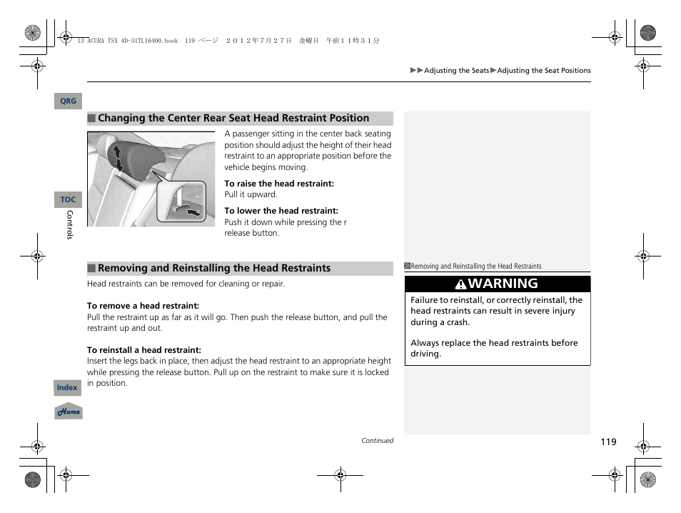 Warning | Acura 2013 TSX User Manual | Page 120 / 325