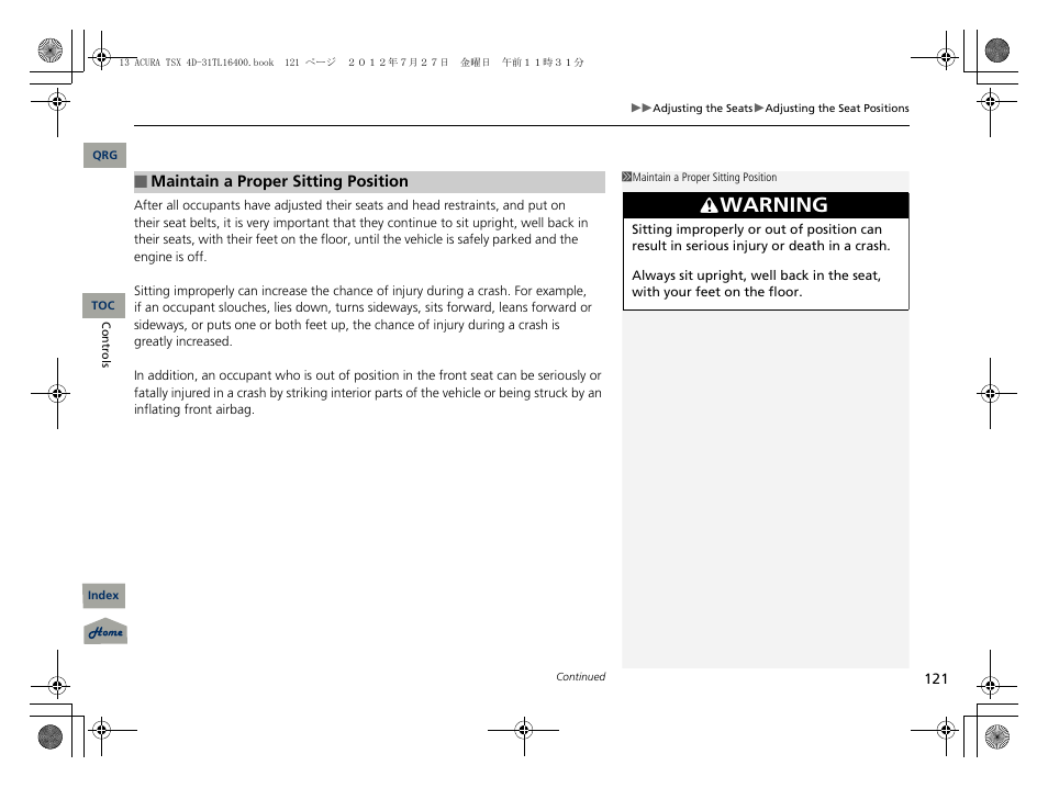 Warning | Acura 2013 TSX User Manual | Page 122 / 325