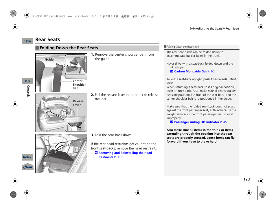 Rear seats, P123) | Acura 2013 TSX User Manual | Page 124 / 325