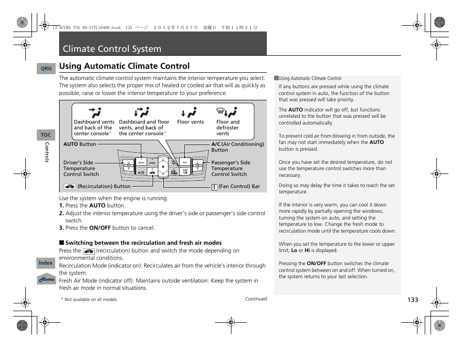 Climate control system, Using automatic climate control, P. 133 | P133) | Acura 2013 TSX User Manual | Page 134 / 325