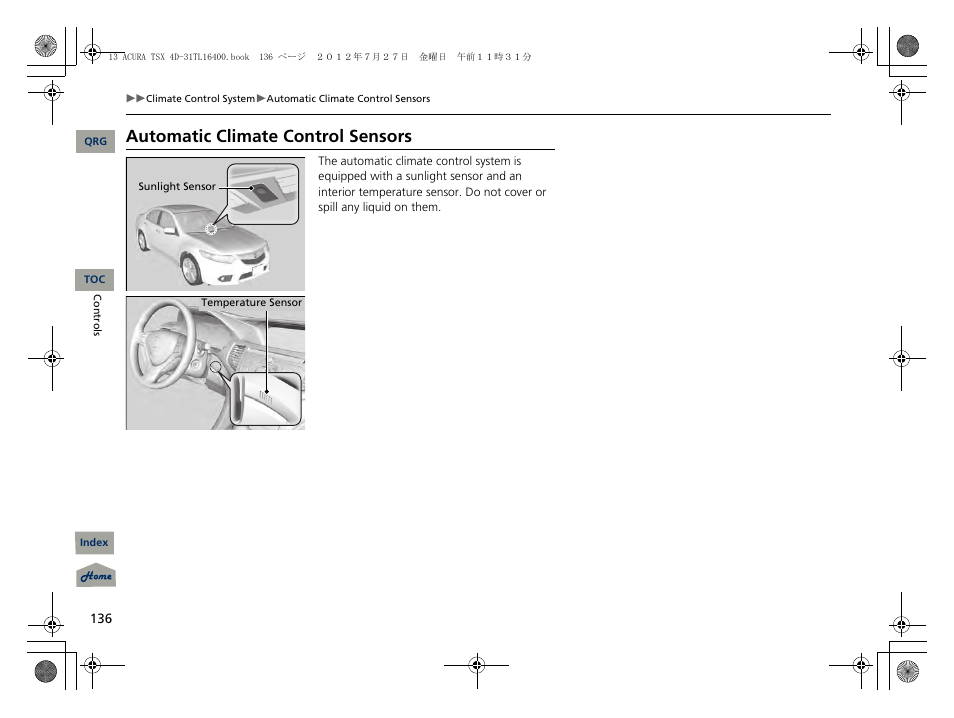 Automatic climate control sensors | Acura 2013 TSX User Manual | Page 137 / 325