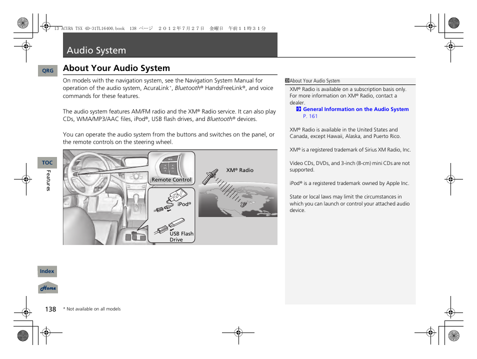 Audio system, About your audio system, P. 138 | P138) | Acura 2013 TSX User Manual | Page 139 / 325