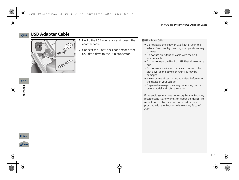 Usb adapter cable, P139) | Acura 2013 TSX User Manual | Page 140 / 325