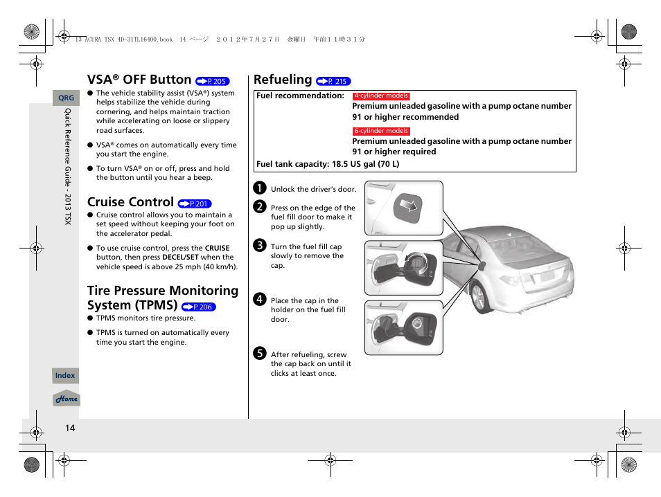 Vsa® off button, Cruise control, Tire pressure monitoring system (tpms) | Refueling | Acura 2013 TSX User Manual | Page 15 / 325