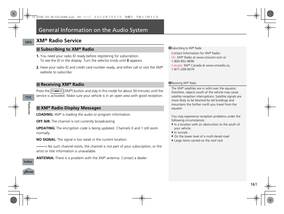 General information on the audio system, Xm® radio service, P. 161 | General information on the audio, System | Acura 2013 TSX User Manual | Page 162 / 325