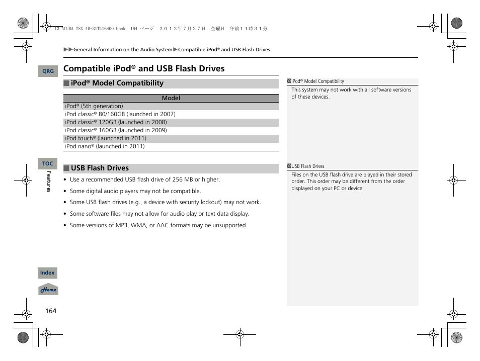 Compatible ipod® and usb flash drives | Acura 2013 TSX User Manual | Page 165 / 325