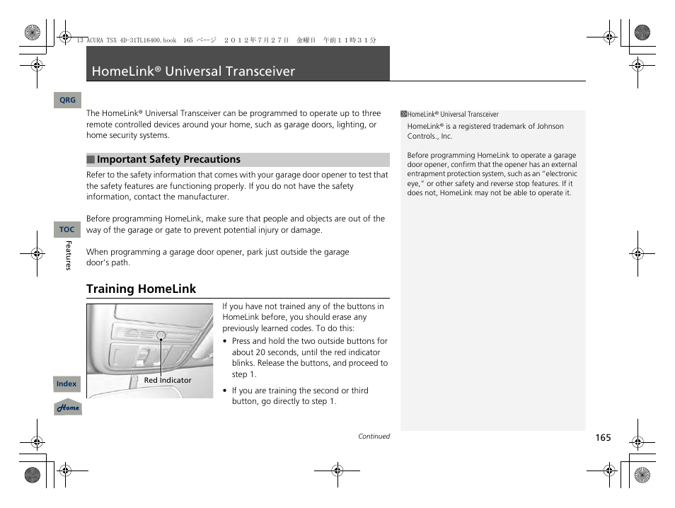Homelink® universal transceiver, Training homelink, L transceiver | P. 165, P165) | Acura 2013 TSX User Manual | Page 166 / 325