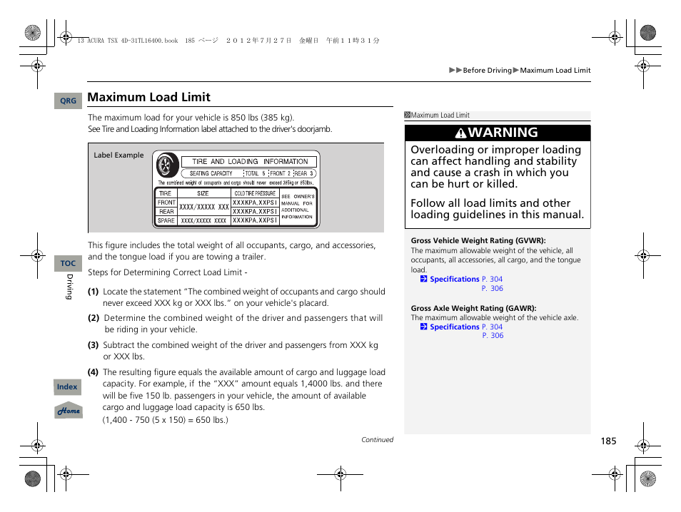 Maximum load limit, 2 maximum load limit p. 185, Warning | Acura 2013 TSX User Manual | Page 186 / 325