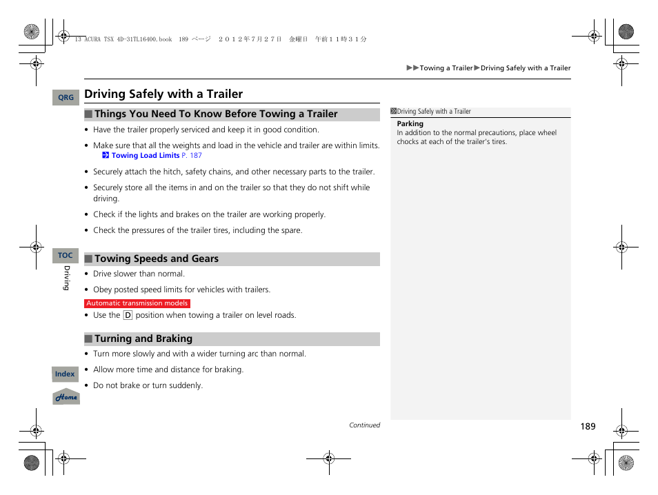 Driving safely with a trailer | Acura 2013 TSX User Manual | Page 190 / 325