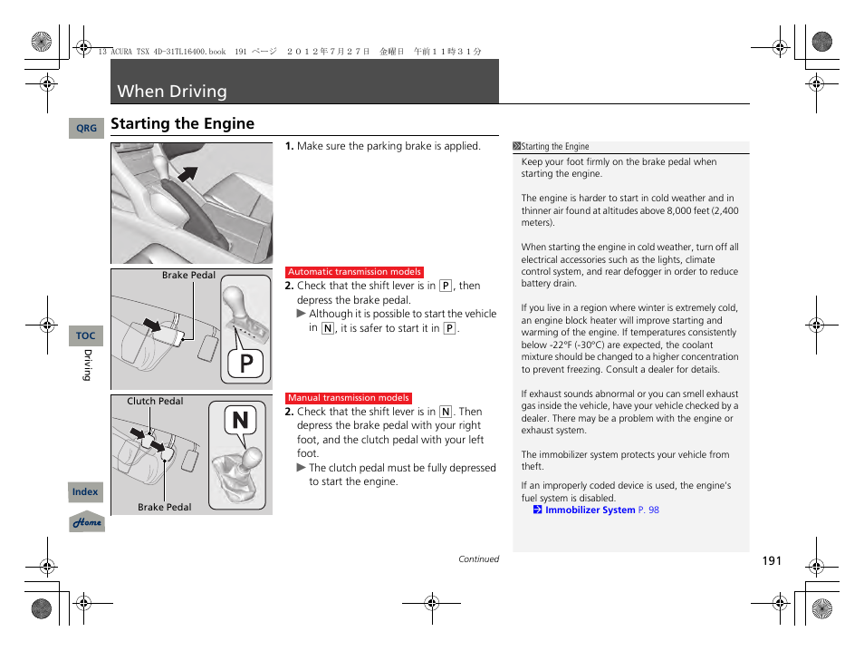 When driving, Starting the engine, P. 191 | Acura 2013 TSX User Manual | Page 192 / 325