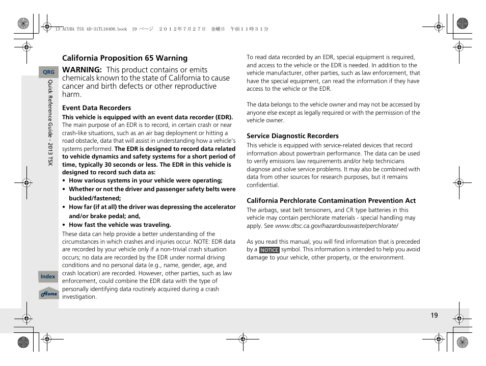 California proposition 65 warning | Acura 2013 TSX User Manual | Page 20 / 325