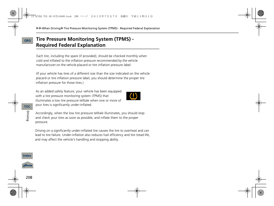 Tpms -required federal explanation | Acura 2013 TSX User Manual | Page 209 / 325