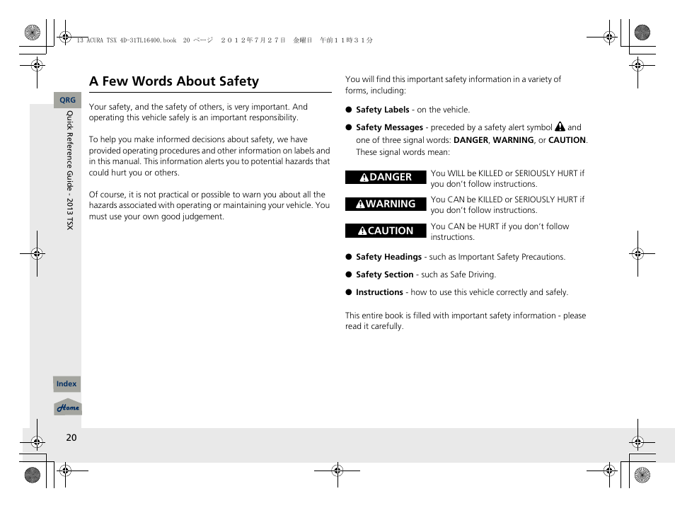 A few words about safety | Acura 2013 TSX User Manual | Page 21 / 325
