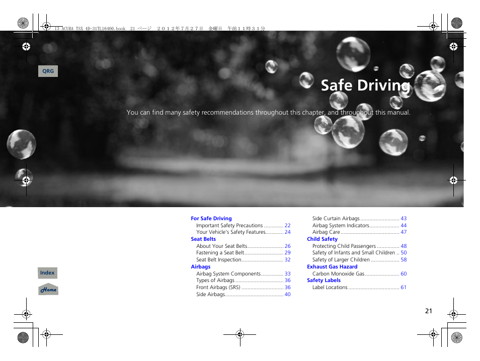 Safe driving, 2 safe driving p. 21, P. 21 | P21) | Acura 2013 TSX User Manual | Page 22 / 325