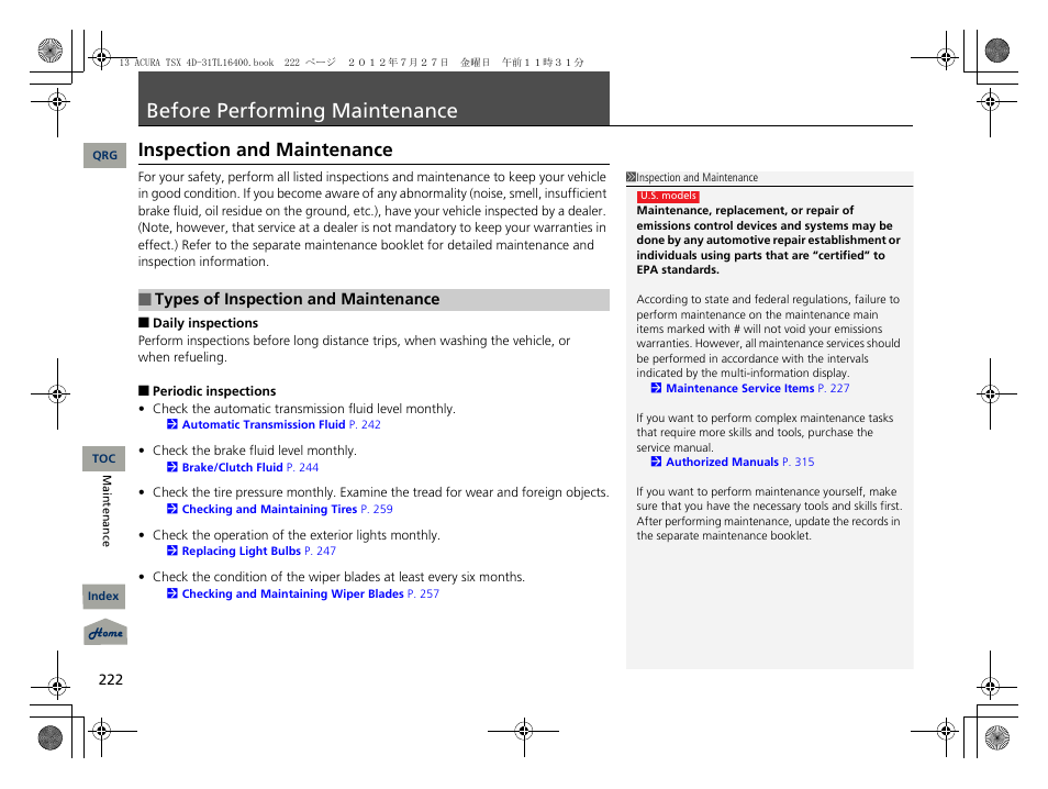 Before performing maintenance, Inspection and maintenance, Tenance | P. 222 | Acura 2013 TSX User Manual | Page 223 / 325