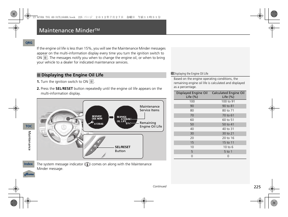 Maintenance mindertm, P. 225, 2 maintenance minder | Maintenance minder | Acura 2013 TSX User Manual | Page 226 / 325