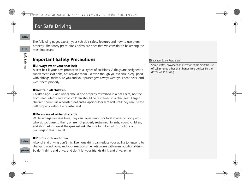 For safe driving, Important safety precautions, P. 22 | Acura 2013 TSX User Manual | Page 23 / 325