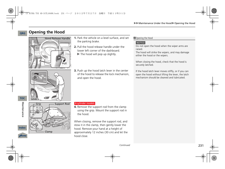 Opening the hood, P 231) | Acura 2013 TSX User Manual | Page 232 / 325