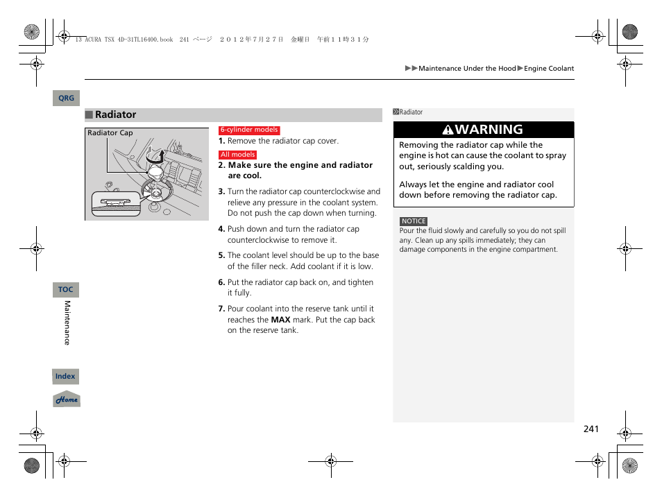 Radiator cap, Warning | Acura 2013 TSX User Manual | Page 242 / 325