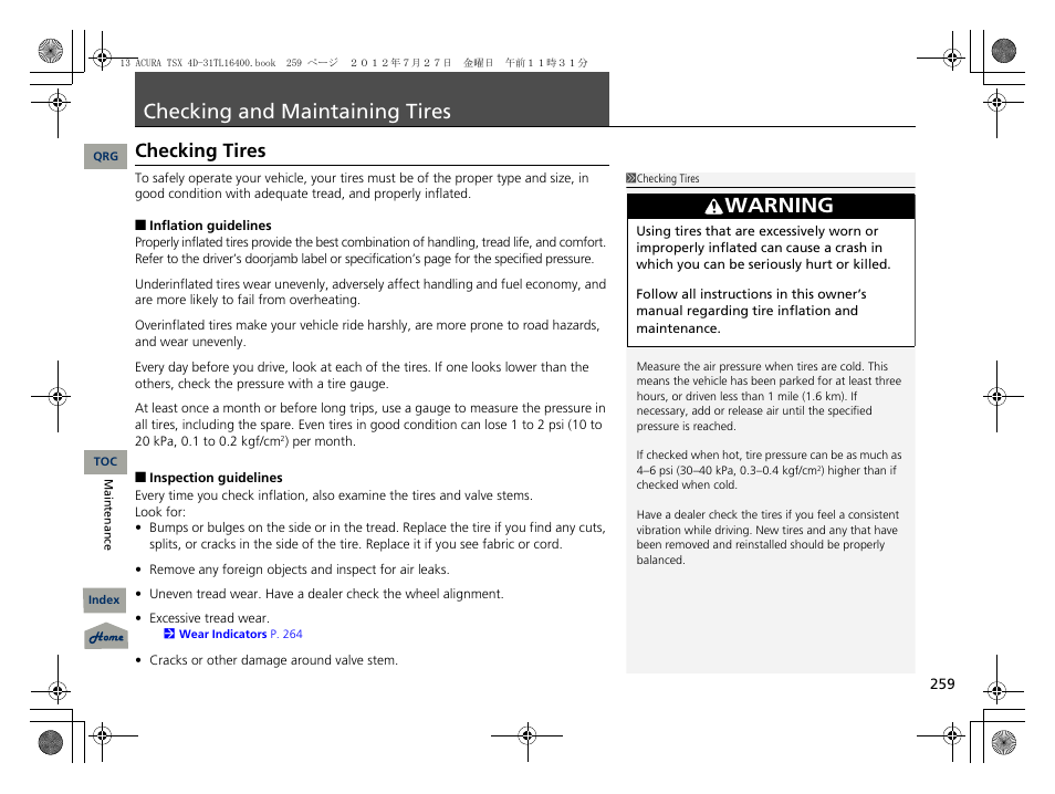 Checking and maintaining tires, Checking tires, P. 259 | P259), 2 checking and maintaining tires p. 259, Warning | Acura 2013 TSX User Manual | Page 260 / 325