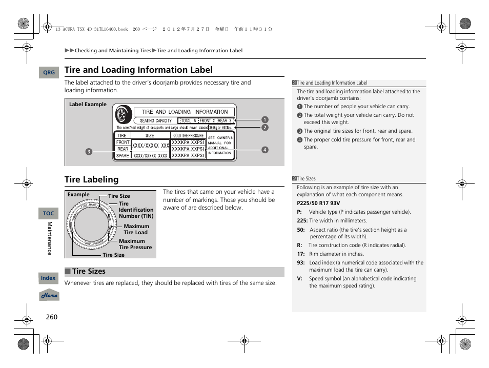 Tire and loading information label, Tire labeling, Tire sizes | Acura 2013 TSX User Manual | Page 261 / 325