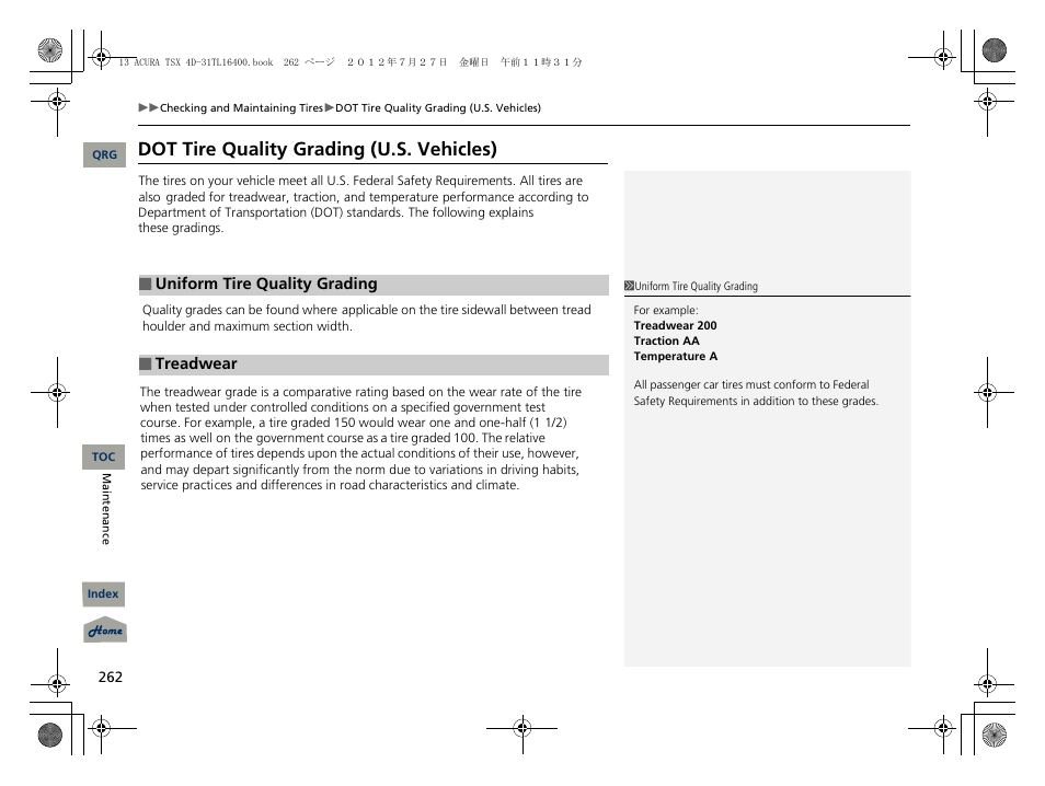 Dot tire quality grading (u.s. vehicles) | Acura 2013 TSX User Manual | Page 263 / 325