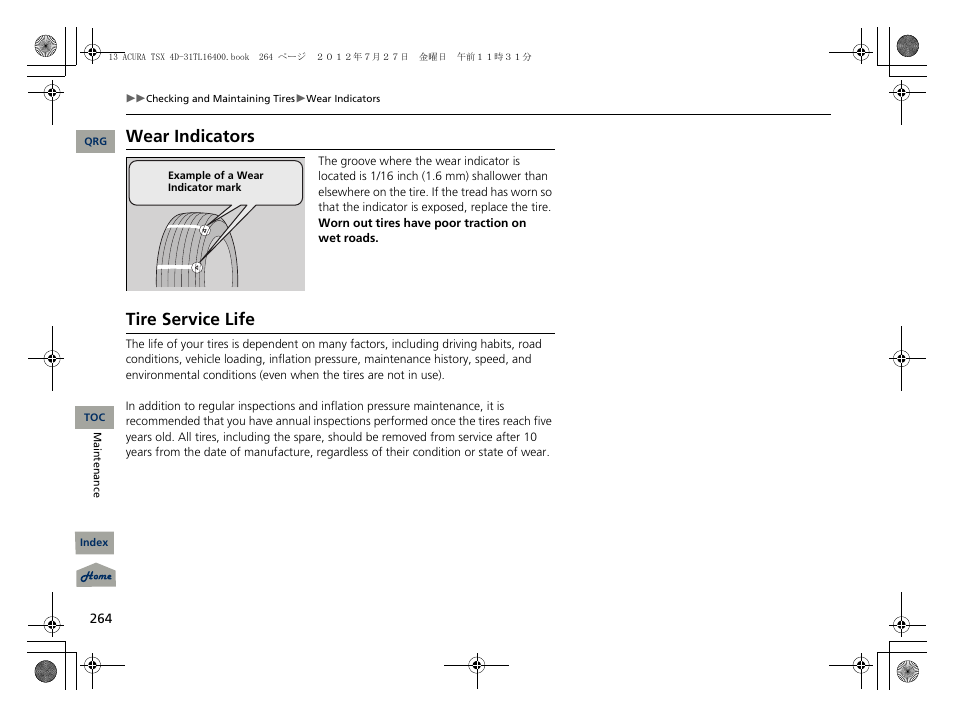 Wear indicators, Tire service life | Acura 2013 TSX User Manual | Page 265 / 325