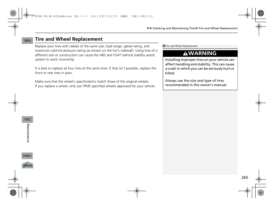 Tire and wheel replacement, Warning | Acura 2013 TSX User Manual | Page 266 / 325