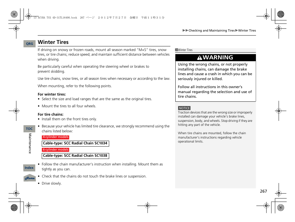 Winter tires, Warning | Acura 2013 TSX User Manual | Page 268 / 325