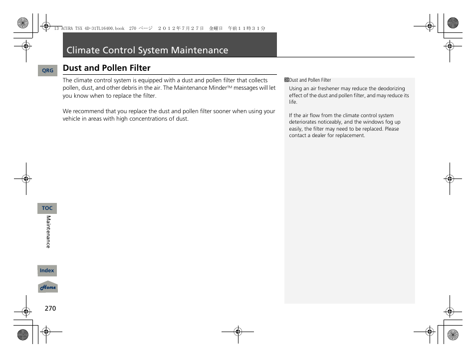 Climate control system maintenance, Dust and pollen filter, P. 270 | Acura 2013 TSX User Manual | Page 271 / 325