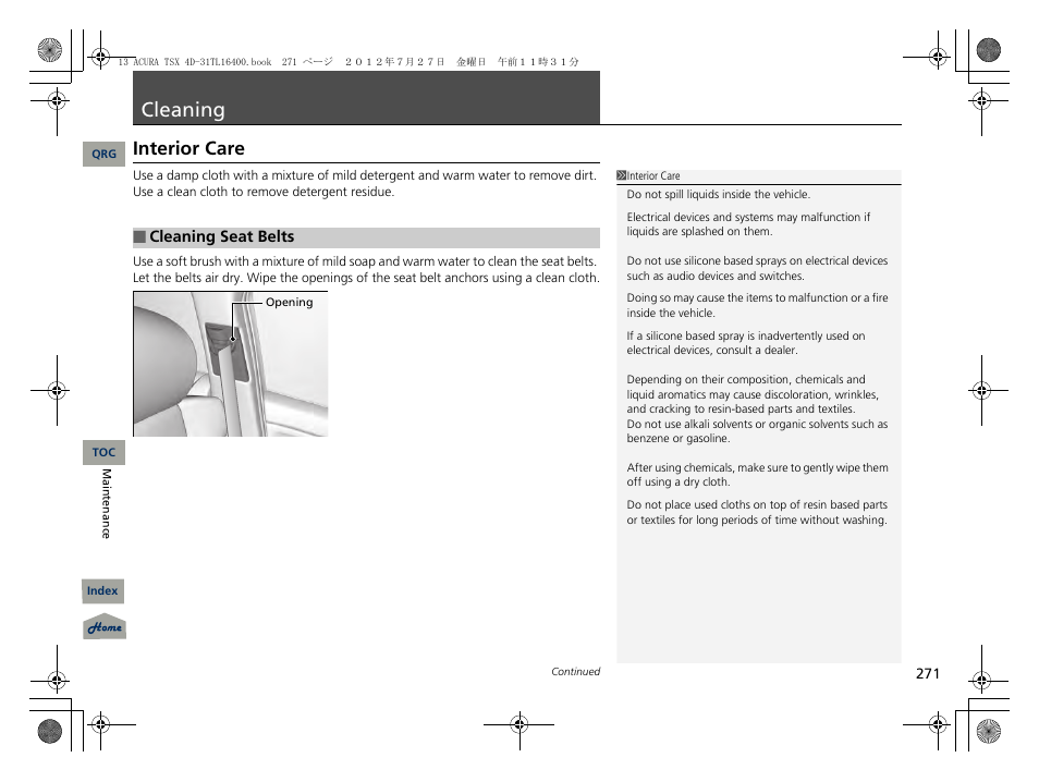 Cleaning, Interior care, P. 271 | Acura 2013 TSX User Manual | Page 272 / 325