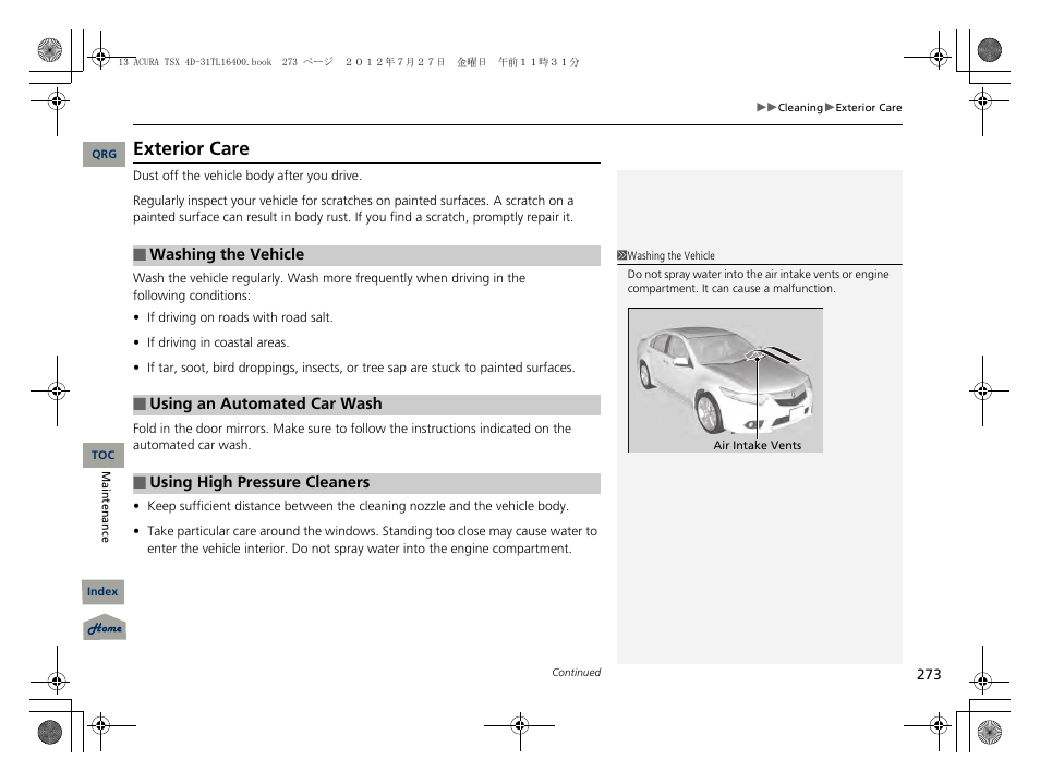 Exterior care | Acura 2013 TSX User Manual | Page 274 / 325