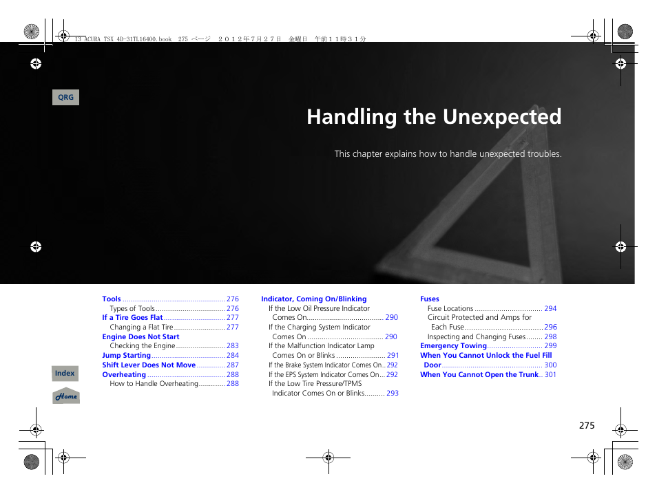 Handling the unexpected, 2 handling the unexpected p. 275, P. 275 | P 275) | Acura 2013 TSX User Manual | Page 276 / 325