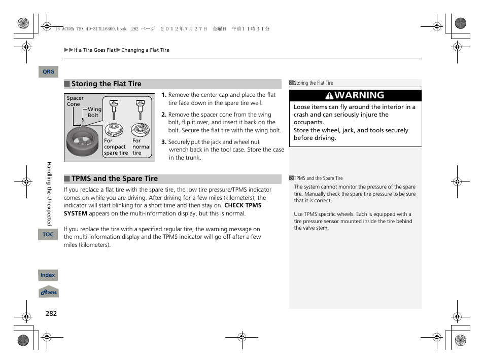 Warning | Acura 2013 TSX User Manual | Page 283 / 325