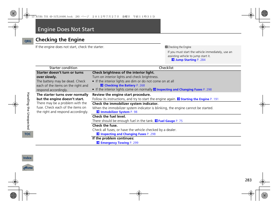 Engine does not start, Checking the engine, P. 283 | P283) | Acura 2013 TSX User Manual | Page 284 / 325